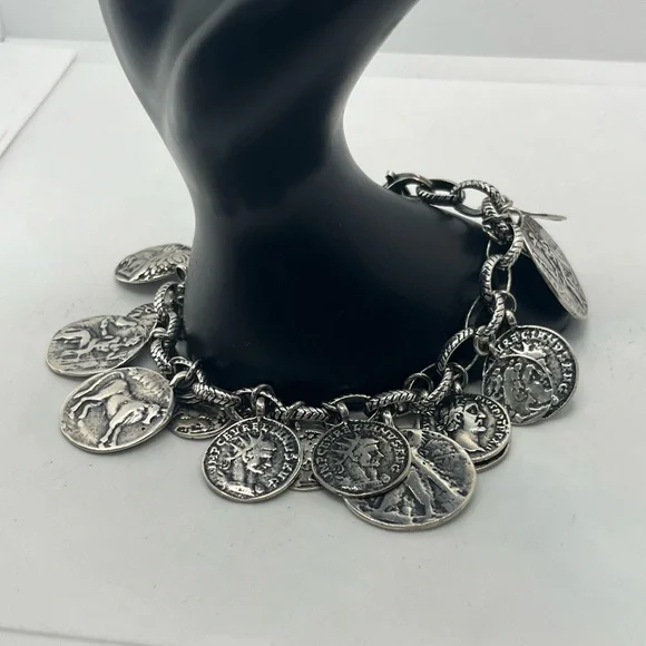 SILPADA Sterling Silver Oxidized Roman Coin Cha Cha Charm Bracelet B1624